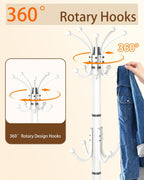 EZIVIEZ Modern Coat Rack Stand, 360° Rotary Metal Freestanding Coat Rack with Natural Marble Base, Black Coat Racks and Coat Hanger Tree Jacket Stand with 14 Hooks for Office, Entryway, Hallway