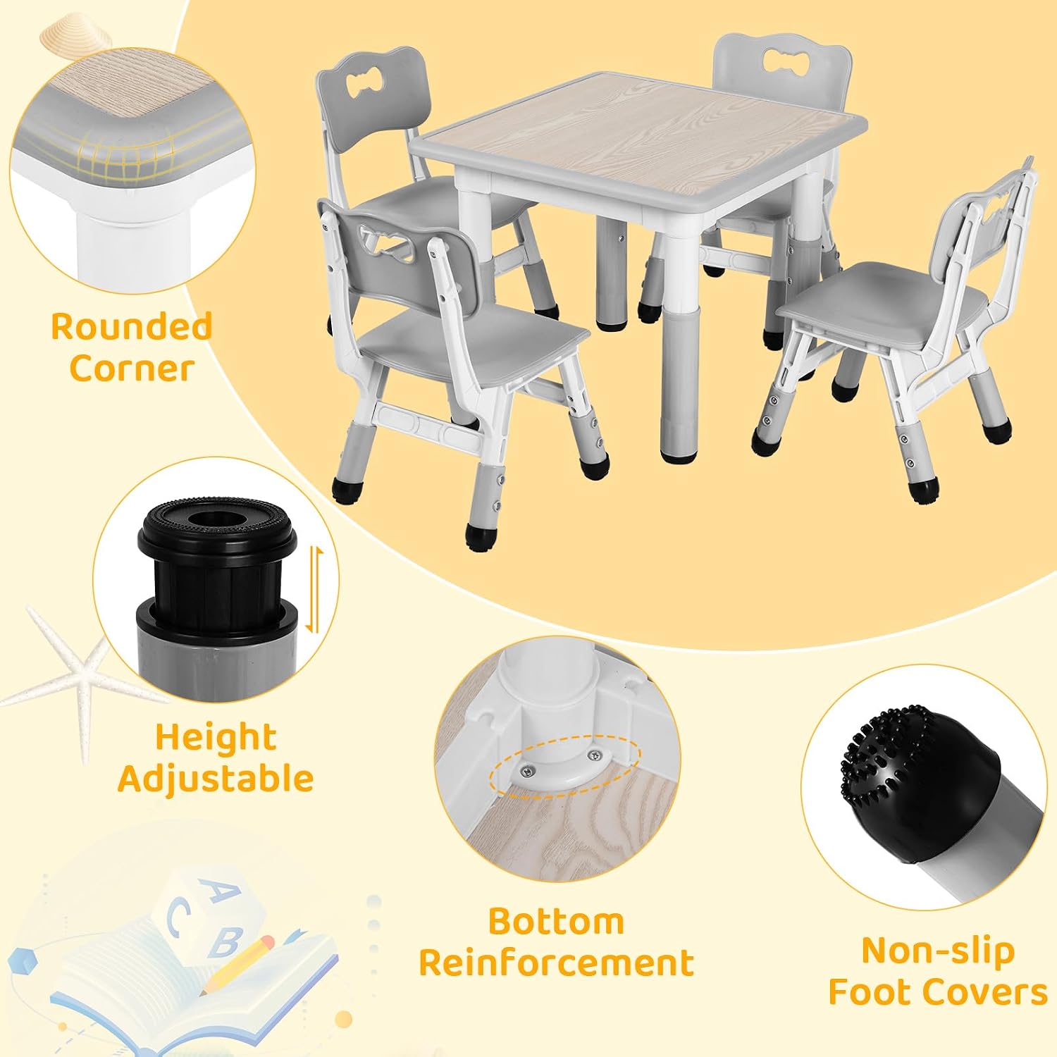 Arlopu Kids Table and 4 Chairs Set, Height Adjustable ((18.9"–23.6"), Anti-Slip Childrens Activity Desk, Wipe-Clean Desktop, Montessori Learning, Drawing for Toddler, Classroom, Home & Daycare (Grey)