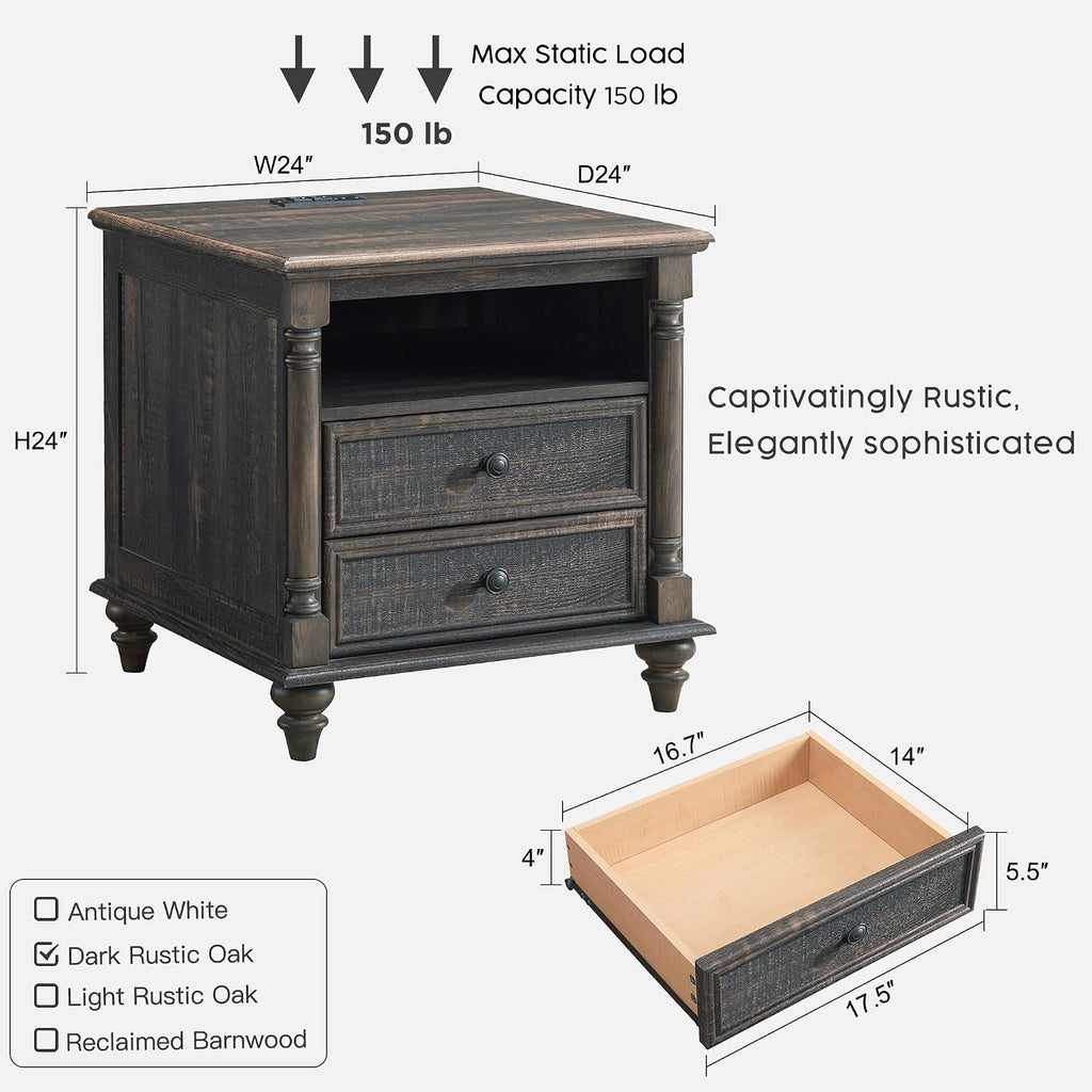 T4TREAM 24'' Farmhouse End Table w/4 Solid Wood Feet Set of 2, Large 2 Drawers Sofa Side Table with Charging Station, Rustic Wood Square Nightstand for Living Room, Bedroom, Office, Dark Rustic Oak