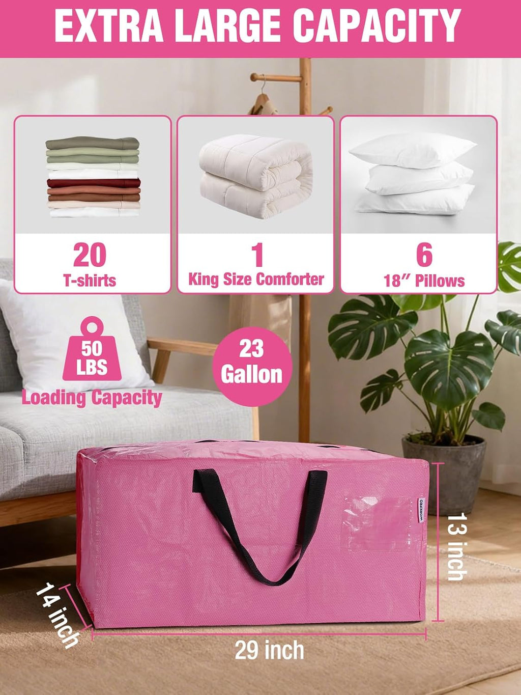 WORKPRO 10 Pack Extra Large Moving Bags with Zippers & Carrying Handles Backpack Straps, Heavy-Duty Storage Tote for Space Saving Moving Storage (Pink)