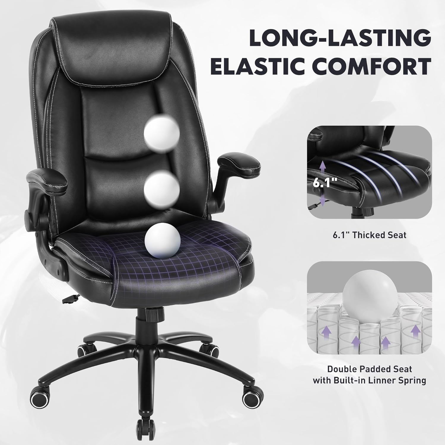 400lbs Capacity Executive Desk Chair with Ergonomic Lumbar Support, Flip-up Arms & High Back Leather Computer Chair for Home/Office, Black