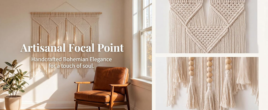 Large Macrame Wall Hanging (43" x 39.5"), Boho Woven Tapestry with Wood Beads & Tassels, Handmade Cotton Wall Art Decor for Bedroom, Living Room, Apartment, Bohemian Home Decor, 1 PCS (White)