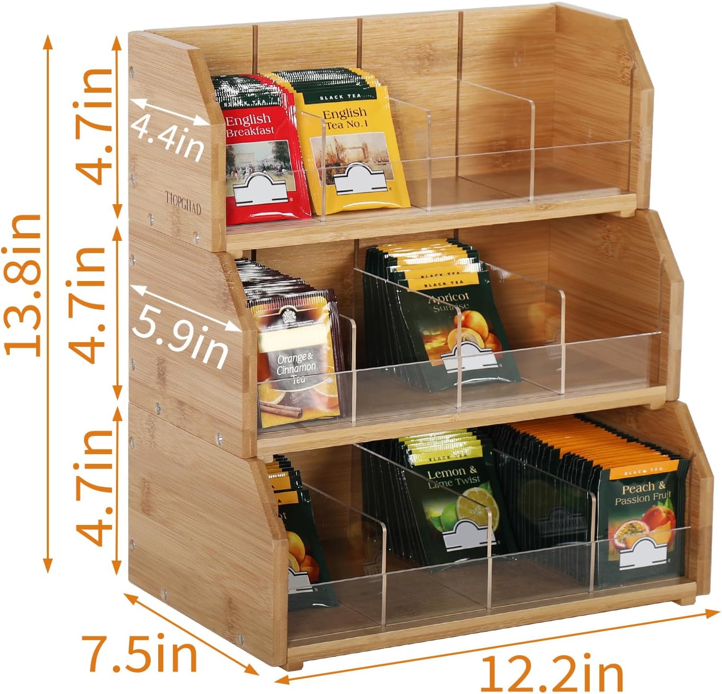 TIOPGHAD 3-Layer Stackable Bamboo Tea Bag Organizer Storage Holder, Natural | Holds 260 tea bags, Removable Compartments, Wood, Acrylic dividers, 12.2 x 7.5 x 13.8 in, for Cabinet, Countertop, Office