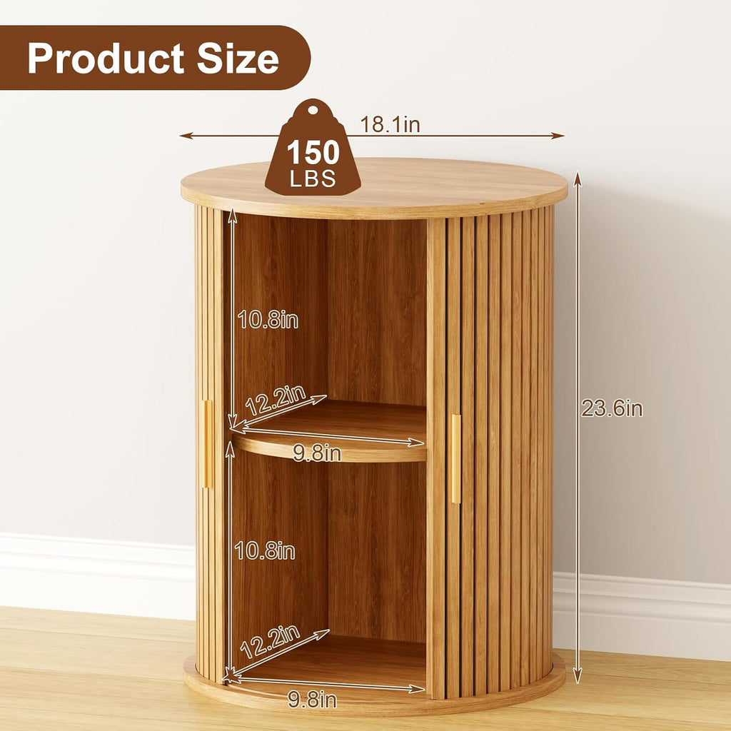 Round Fluted End Table Tall Side Table with Sliding Tambour Door & Storage Shelf, Bedside Table for Living Room Mid-Century Modern Nightstand for Bedroom (1, Natural)