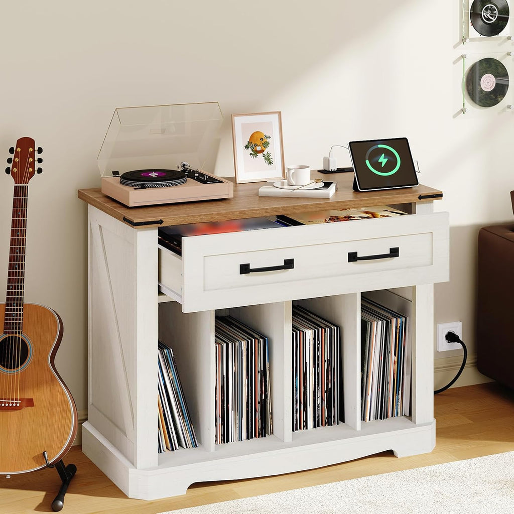 YATINEY Large Record Player Stand with Charging Station, Turntable Stand with Drawer, Vinyl Record Storage, End Side Table for Living Room,Vintage White and Brown ET75UWH