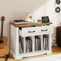 YATINEY Large Record Player Stand with Charging Station, Turntable Stand with Drawer, Vinyl Record Storage, End Side Table for Living Room,Vintage White and Brown ET75UWH