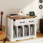 YATINEY Large Record Player Stand with Charging Station, Turntable Stand with Drawer, Vinyl Record Storage, End Side Table for Living Room,Vintage White and Brown ET75UWH