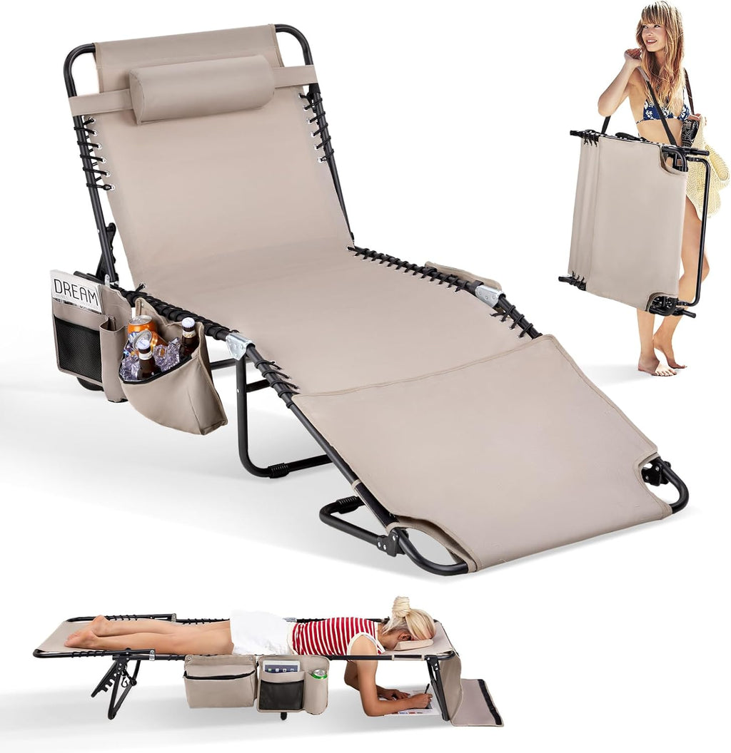 VINGLI Oversized Tanning Chair with Face Hole & Carrying Bag, Beach Lounge Chair Outdoor for Adults, Folding Lounge Chair for Sun Tanning, Laying Out Chairs for Tanning Lounger Outside, 475lbs, Beige