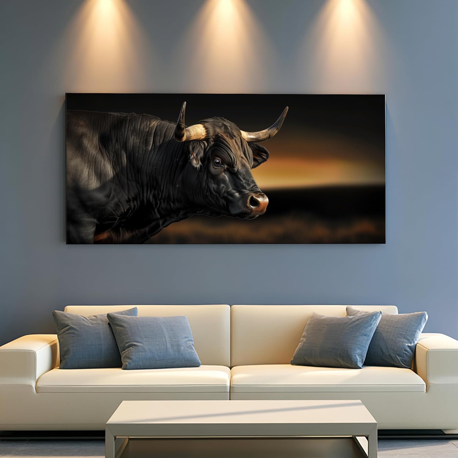 JILLICK Black Bull Sunset Canvas Wall Art, Horizontal Western Wildlife Decor for Living Room Office Bedroom 46x23 Inch, for Living Room Wall Art Decor