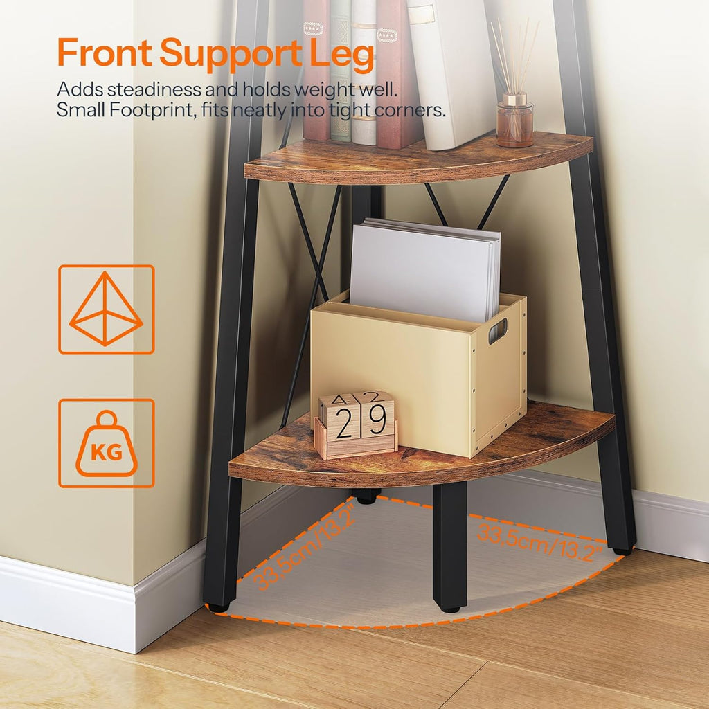 HOOBRO Corner Shelf, 3-Tier Corner Shelf Stand, 40” Tall Ladder Bookshelf, Industrial Corner Display Shelf Plant Stand for Living Room, Kitchen, Home Office, Rustic Brown BF143CJ01