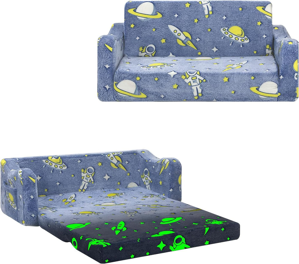 Kids Couch Extra Large, Glow in the Dark Folding Kids Sofa for Boys, 2 Seats Comfy Couch for Children Bedroom Playroom Nursery, Astronaut