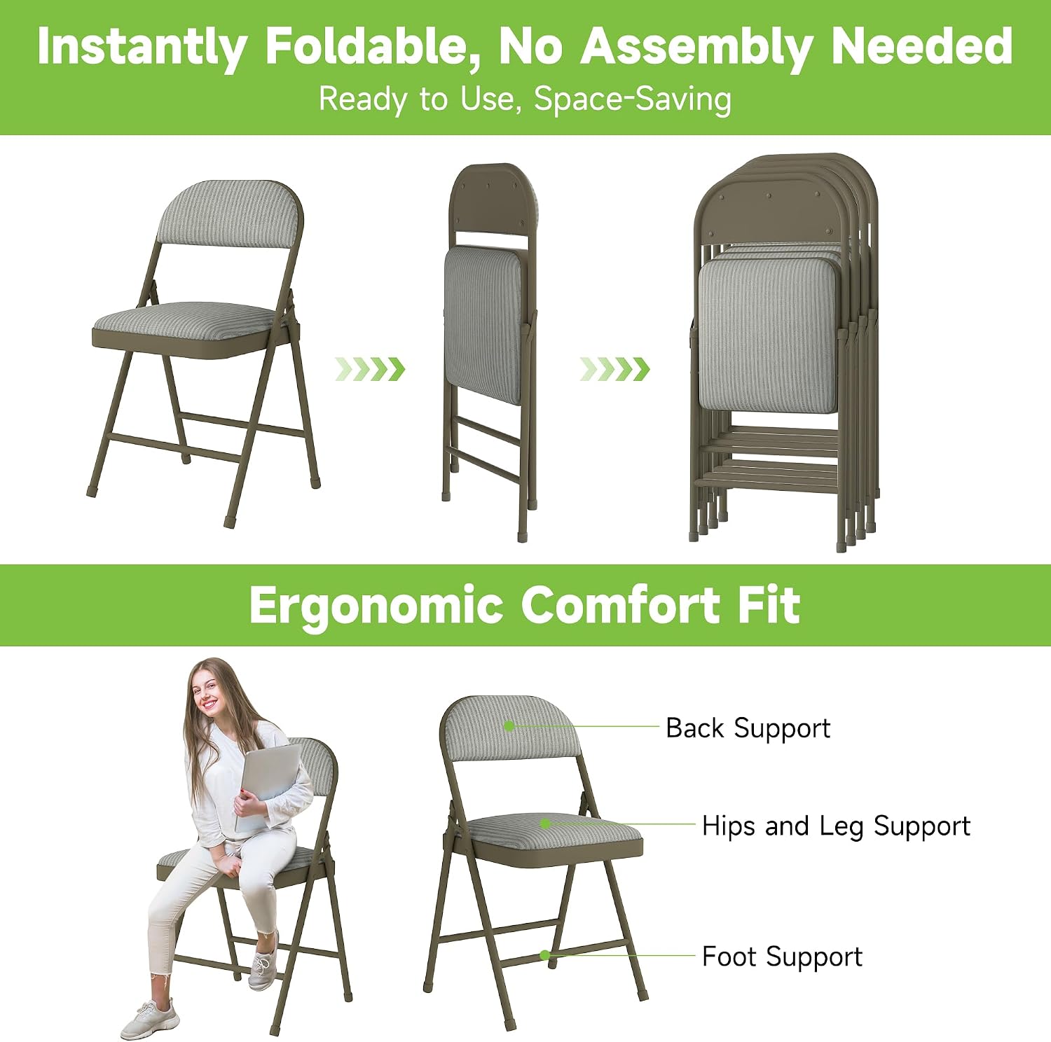 Real Relax 4 Pack Folding Chairs with Padded Cushion and Back, Comfortable Soft Fabric Cushion and Steel Frame Metal, Indoor Outdoor Seat for Office Events Wedding Party, 450LBFabric Oatmeal Strip