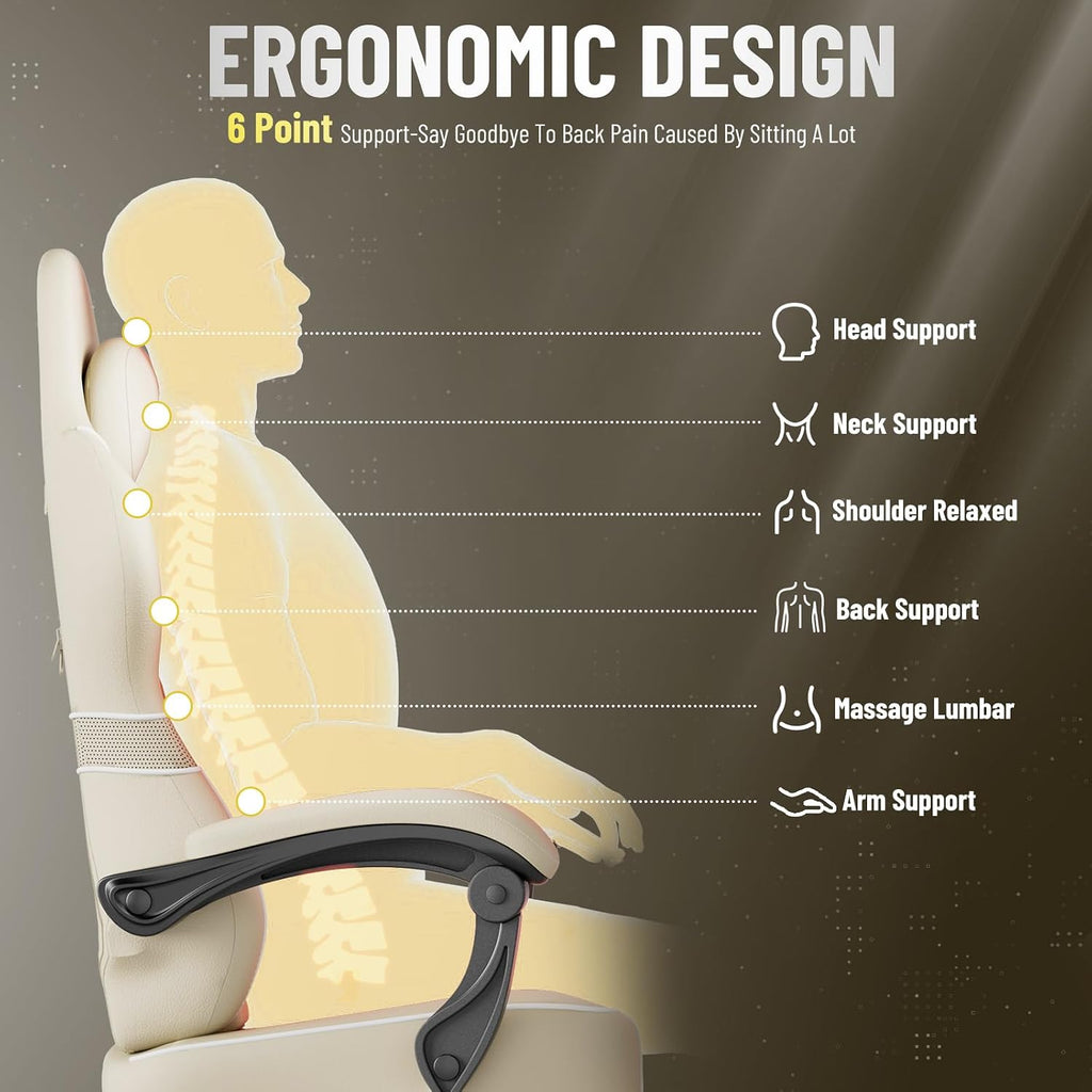 Ferghana Gaming Chair, Leather Comfortable Computer Chair with Footrest and Linkage Armrest, Ergonomic High Back Game Chair with Massage Lumbar Support for Adult, Beige