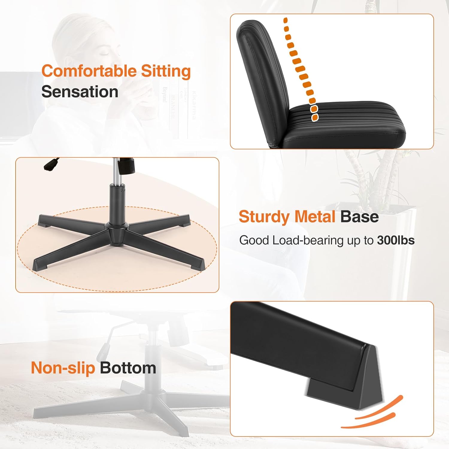 Sweetcrispy Criss Cross Chair Legged, PU Leather Armless Office Swivel Desk Chairs No Wheels, Vanity Height Adjustable Wide Seat Faux Leather Computer Task Chair for Home Bedroom, PU-Black