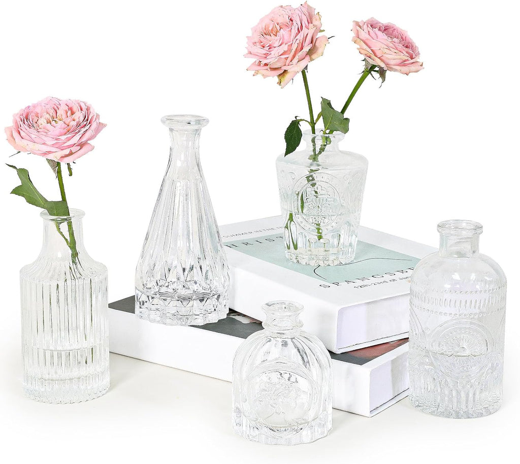 SUPMIND Glass Bud Vase Set of 5, Clear Small Flower Vases for Centerpieces in Bulk, Mini Vintage Vase for Rustic Wedding, Home,Table