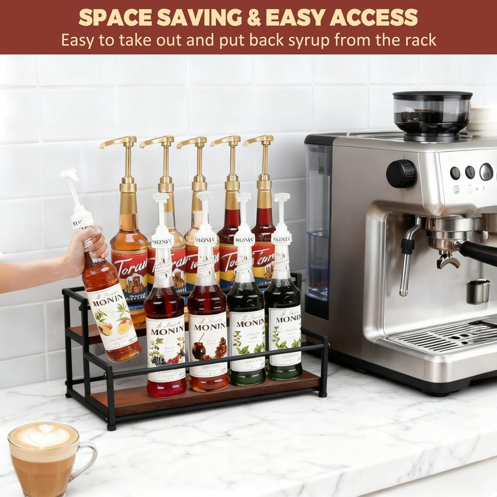 Coffee Syrup Rack Organizer, 2-Tier | Metal Bottle Holder, 10 Bottles Capacity, Rustic Countertop Display Shelf, For Coffee Bar, Kitchen Cabinet, Pantry