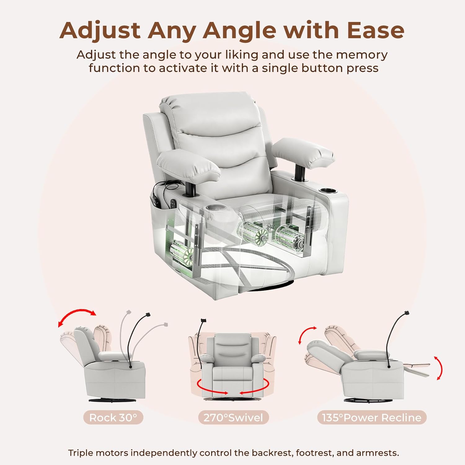 Electric Nursery Recliner Chair, Triple Motor Power Glider, 270° Swivel Rocking Chair with Adjustable Armrests, 8-Point Massage & Lumbar Heating, Phone Holder & Storage, Upholstered Nursing Chair