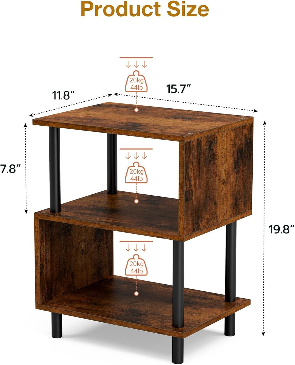 Frylr Small Side Table, End Table and Nightstand with 3-Tier Wood Shelves, Sturdy Metal Frame with 44 LBS Capacity per Shelf, Easy to Assemble for Living Room or Bedroom,Rustic Brown
