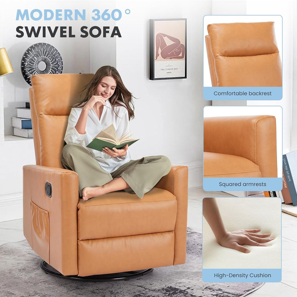 Swivel Rocker Recliner Chair, 360 Degree Glider with High Backrest & Padded Armrests, Manual Rocking Recliner for Nursery, Living Room, Bedroom, Small Spaces, Brown-v