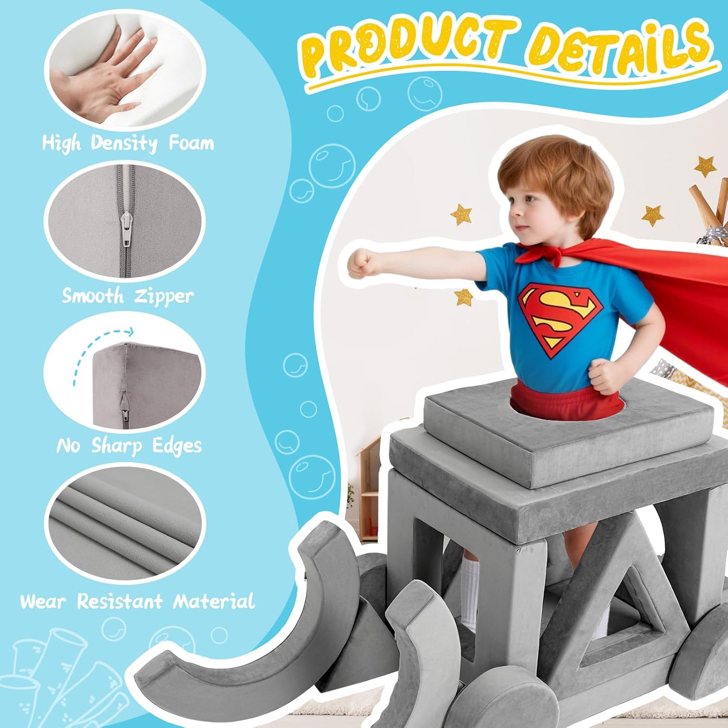 16PCS Modular Kids Play Couch Versatile Toddler Sofa Bed with Washable Covers Convertible Foam Sofa for Playroom Bedroom Creative Fort Building Set for Boys & Girls (Grey)