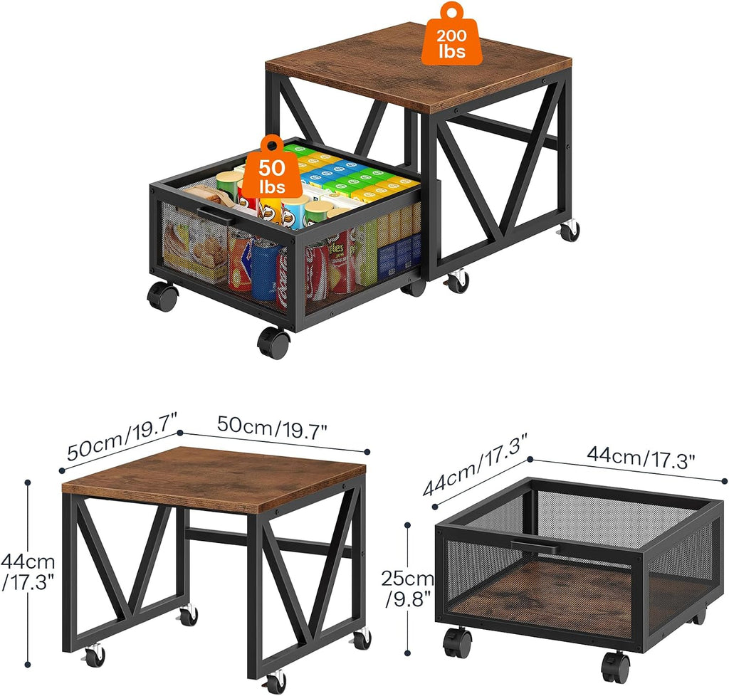 HOOBRO Mini Fridge Stand with Movable Storage Basket and Wheels, Mini Fridge Cabinet with Wheels, Sturdy Metal Frame, for Home, Office, Dorm, Rustic Brown and Black BF255TL01