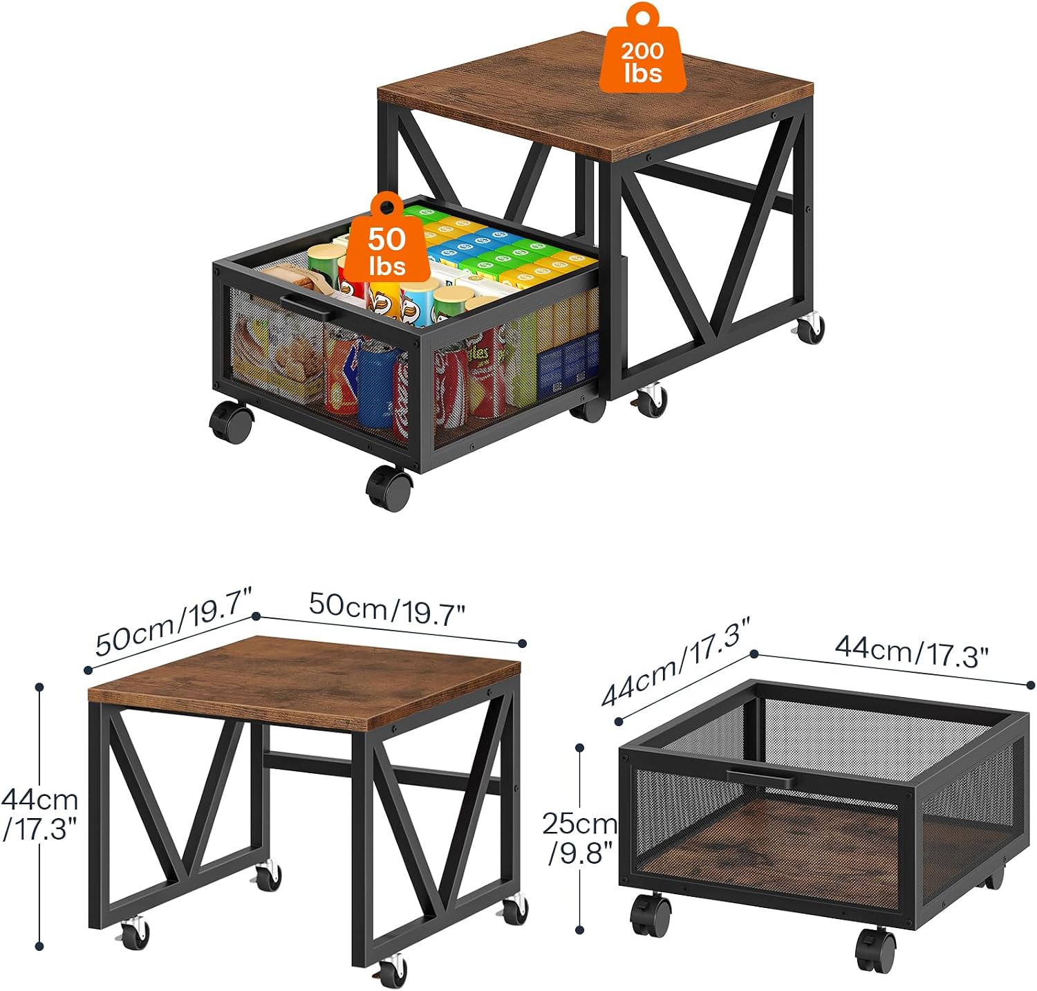 HOOBRO Mini Fridge Stand with Movable Storage Basket and Wheels, Mini Fridge Cabinet with Wheels, Sturdy Metal Frame, for Home, Office, Dorm, Rustic Brown and Black BF255TL01