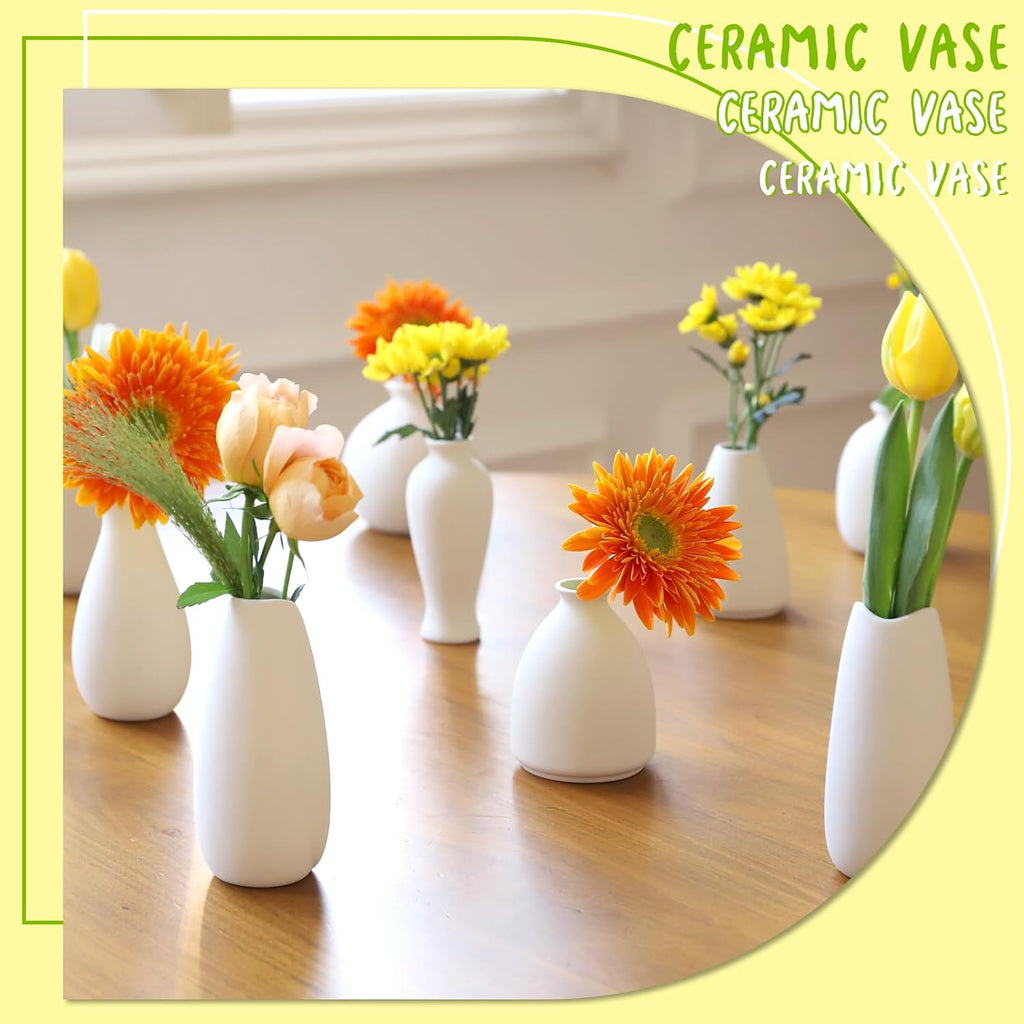 10pc Ceramic Bud Vases Set - 2-3 Inch White Small Vases Collection for Flowers | Boho & Modern Ceramic Vase Set for Table Décor, Wedding, Cute Vase Home Decor