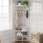 GiftGo Corner Hall Tree with Shoe Bench Entryway Coat Rack with 10 Metal Movable Hooks Freestanding Clothes Rack Shoes Shelf Organizer for Home Office Bedroom (White)