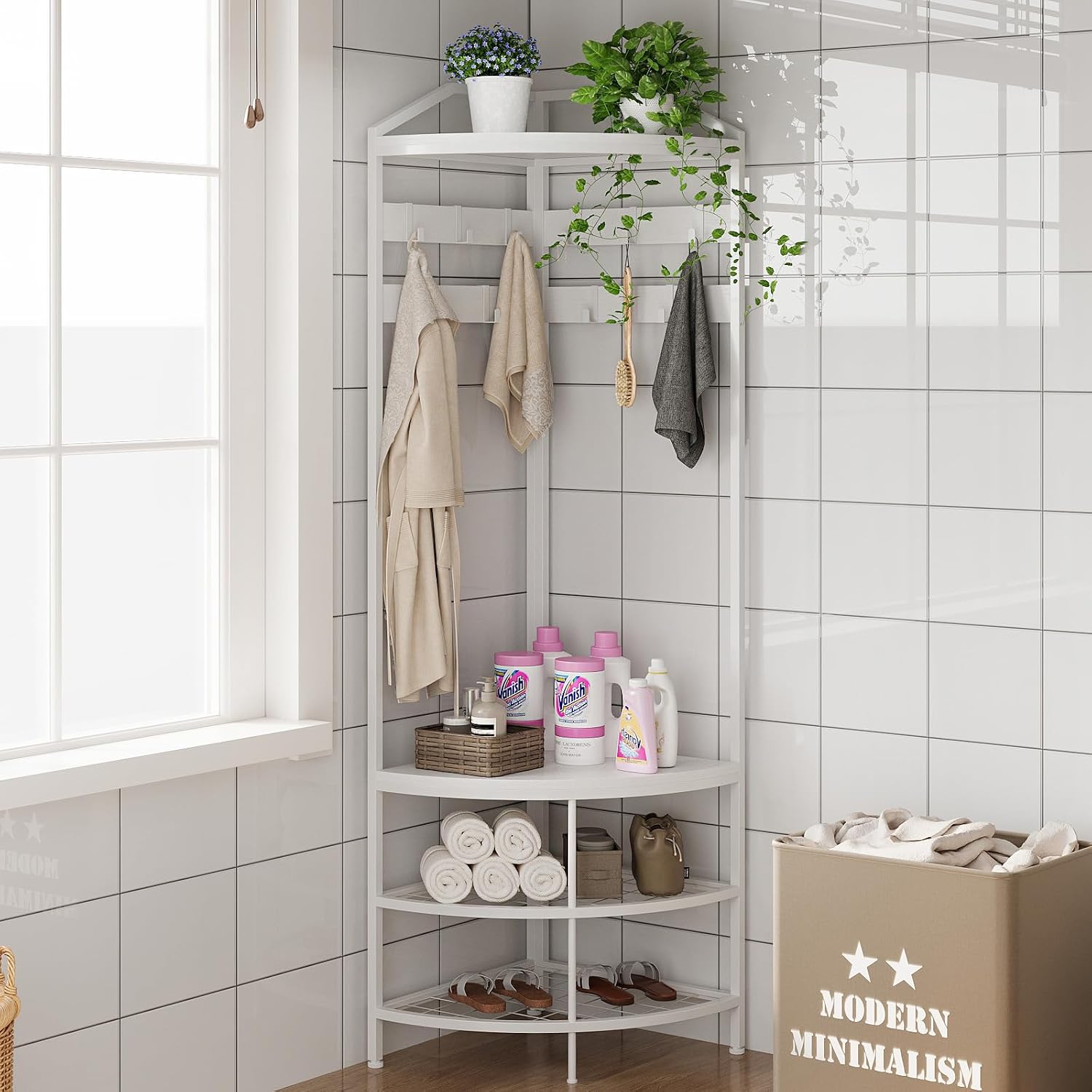 GiftGo Corner Hall Tree with Shoe Bench Entryway Coat Rack with 10 Metal Movable Hooks Freestanding Clothes Rack Shoes Shelf Organizer for Home Office Bedroom (White)
