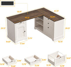 Farmhouse L Shaped Desk with Drawers, 56 Inch Executive Desk with File Drawer and Storage Cabinet, Wooden Corner Computer Desk with Power Strip for Home Office Work and Study, Rustic White and Walnut