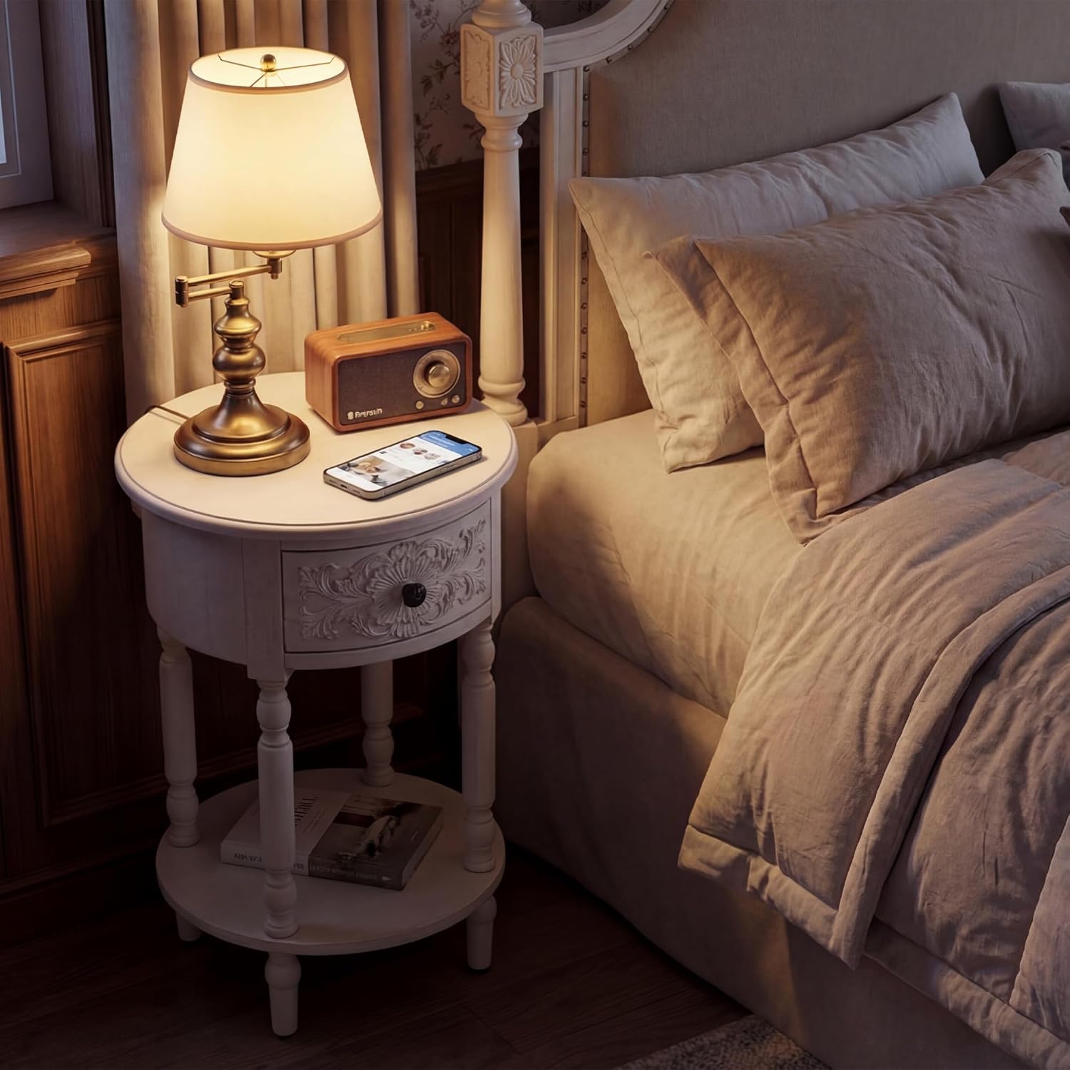 COSIEST White Nightstand with Drawer and Shelf, 25.4" Tall French Vintage Bedside Table, Small End Table with Hand-Carved Floral Resin Face, Wood Accent Side Table for Bedroom & Living Room