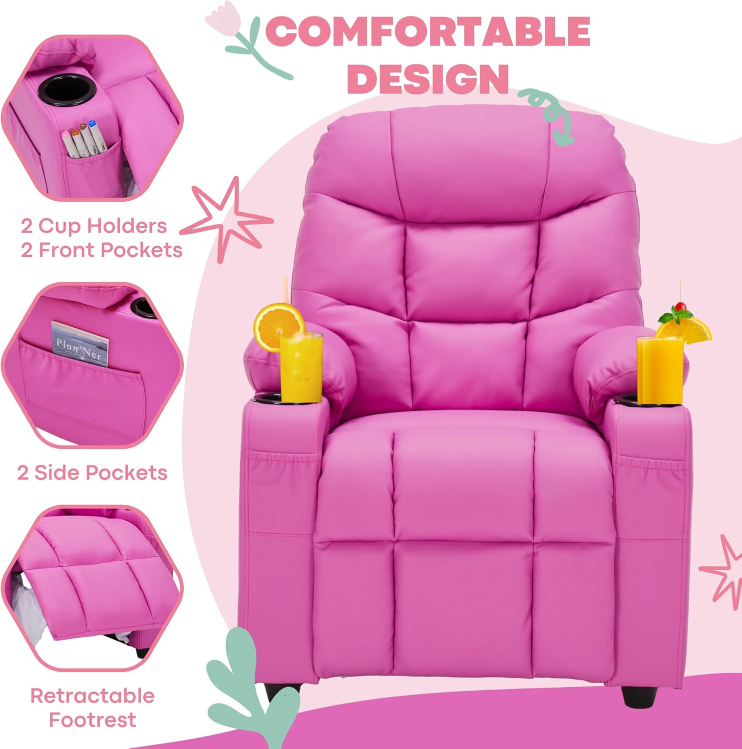Donut Larger Kids Reclining Chair PU Leather Recliner Sofa Push Back Lounge Children Toddler Boys Girls Ages 3-12 with Dual Cup Holders and 4 Pockets