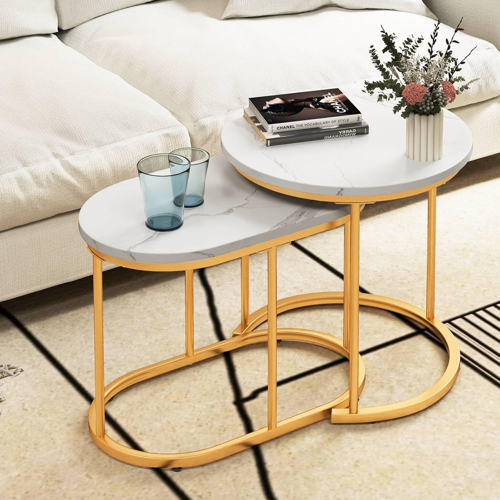Multigot Nesting Tables Set of 2, Stacking End Side Table, Marble Accent Snack Coffee Tea Table for Living Room, Bedroom and Balcony (Marble + Golden)