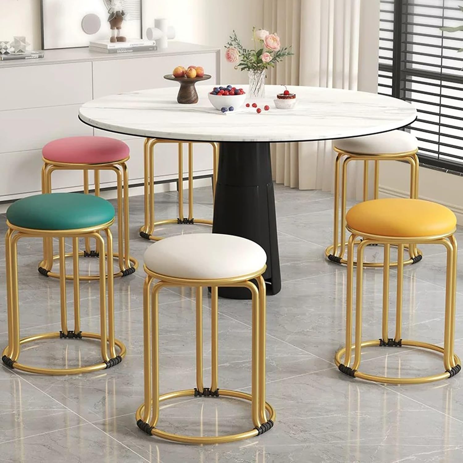 Waiting Room Chair, Round Stool, Dining Chairs, Stackable Kitchen Stools, Metal Frame, for Small Spaces Home Bedroom Study(Light Gray,Silver Chair Legs)