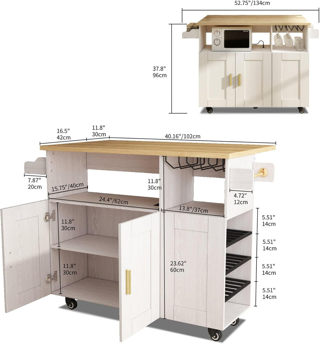 ASTRONAPE Kitchen Island Cart with Drop-Leaf Countertop, Rolling Storage Cabinet with Microwave Stand, Towel Rack & Power Outlet, Mobile Buffet Cart on Wheels for Small Kitchen
