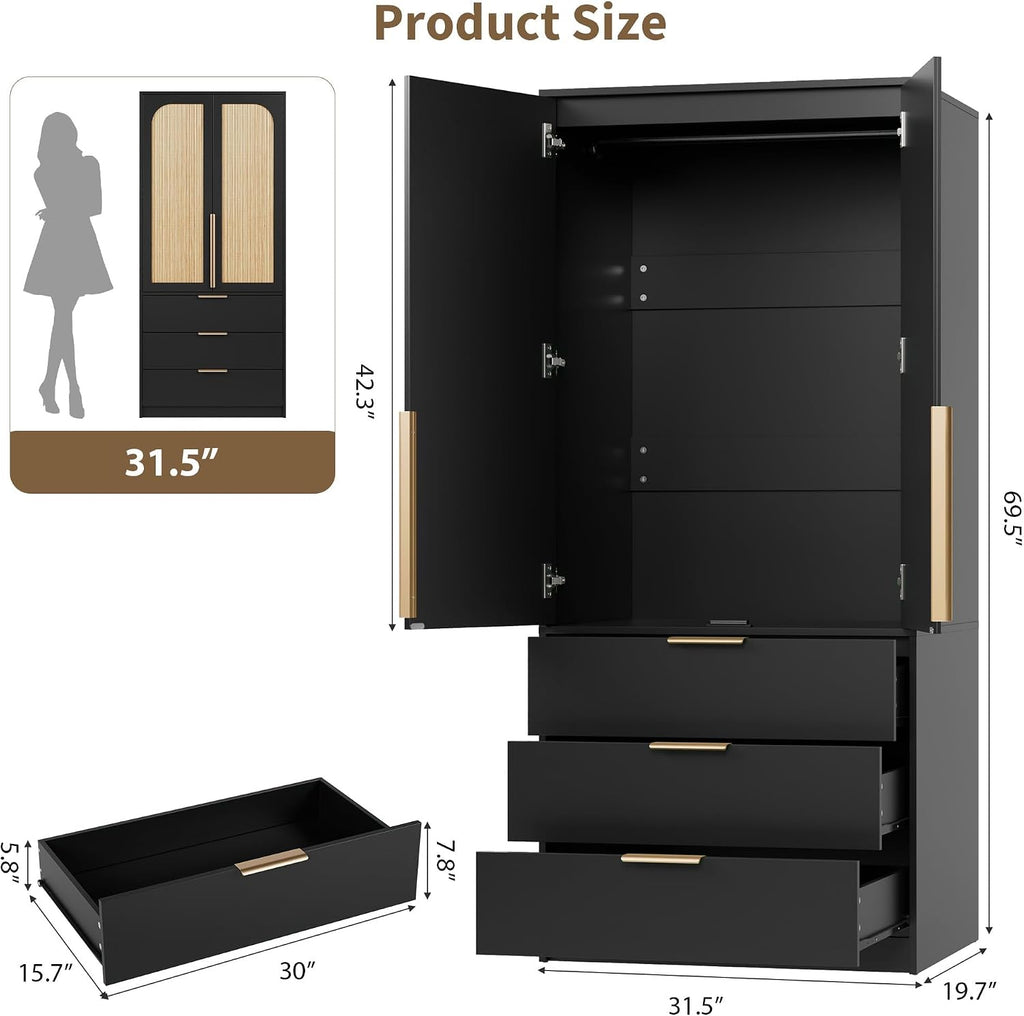 Garvee 70" Wardrobe Armoire Wooden Closet with 2 Doors and 3 Drawers, Black