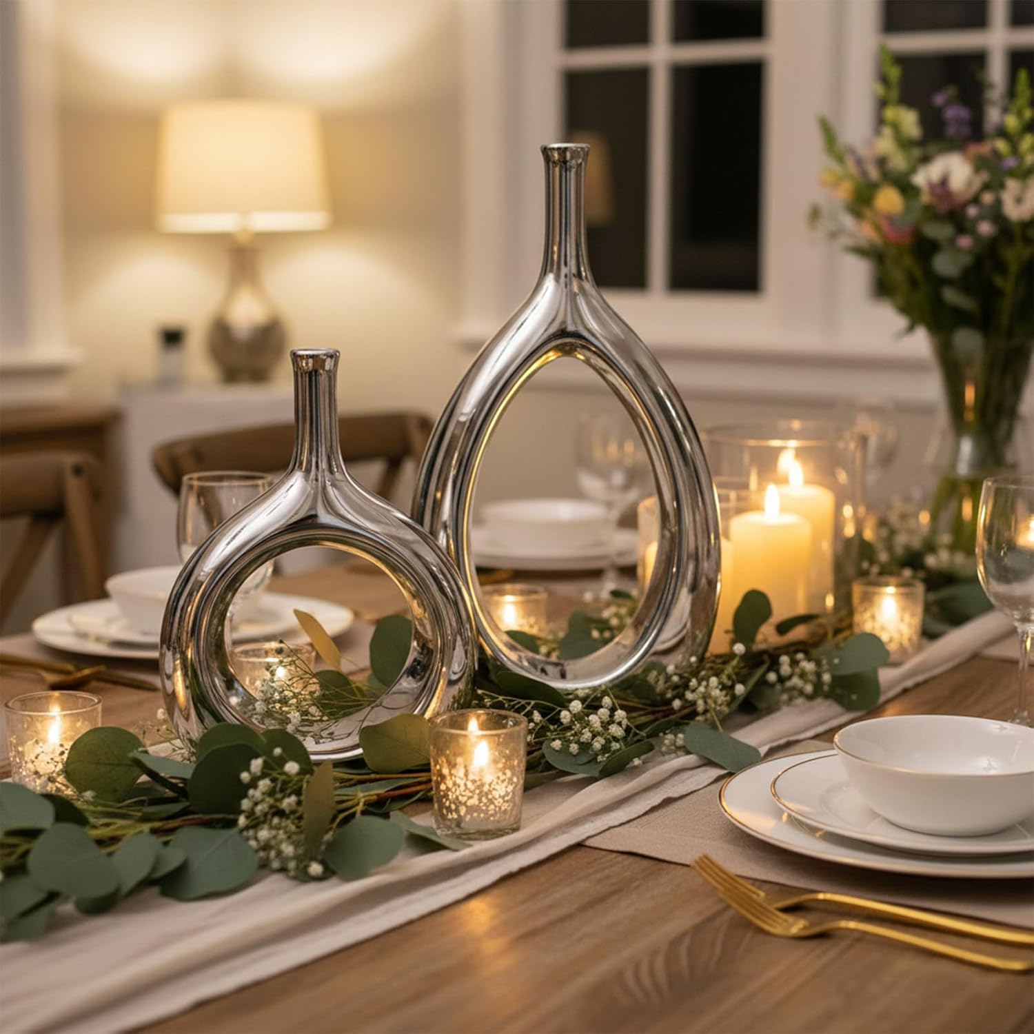 Glossy Silver Vase Ceramic Silver Vases Home Decor,Modern Minimalist Circle with Hole Decorative Vase, Hollow Ellipse Flower vases for Bookshelf, Fireplace Mantle, Centerpieces,Farmhouse,Rustic Décor