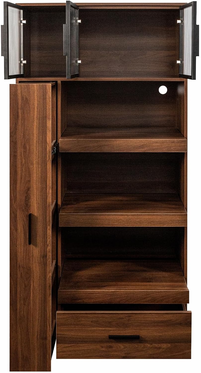 70.87" Tall Kitchen Pantry Cabinet, Walnut Wood Pantry Cabinet with 2 Drawers, 3 Sliding Tray, Aluminum Frame Glass Door Cabinets for Living Room, Dining Room,Garage,Basement, Walnut C