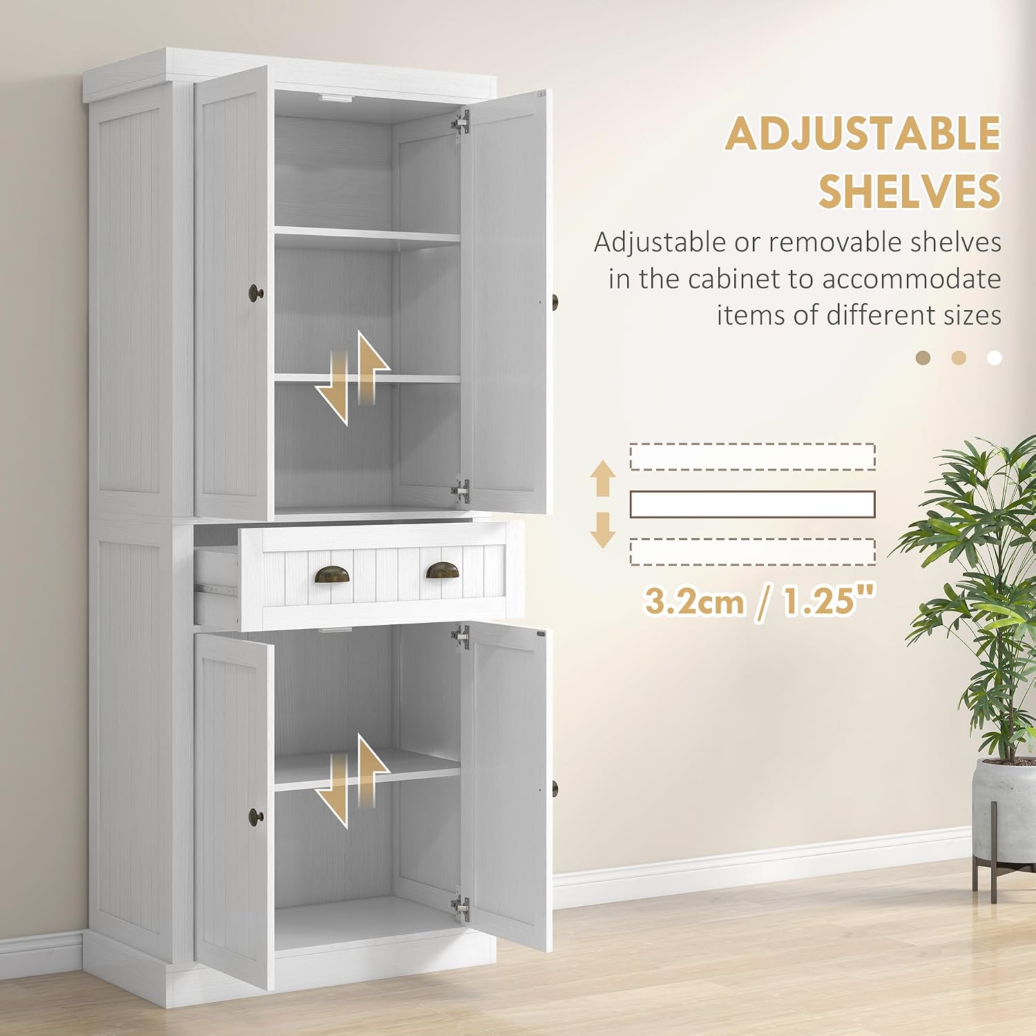 72" Farmhouse Kitchen Pantry Cabinet, Freestanding Tall Storage Cabinet with 4 Soft-Close Doors, 2 Adjustable Shelves and Drawer for Dining Room, Distressed White,15.8 * 30 * 72