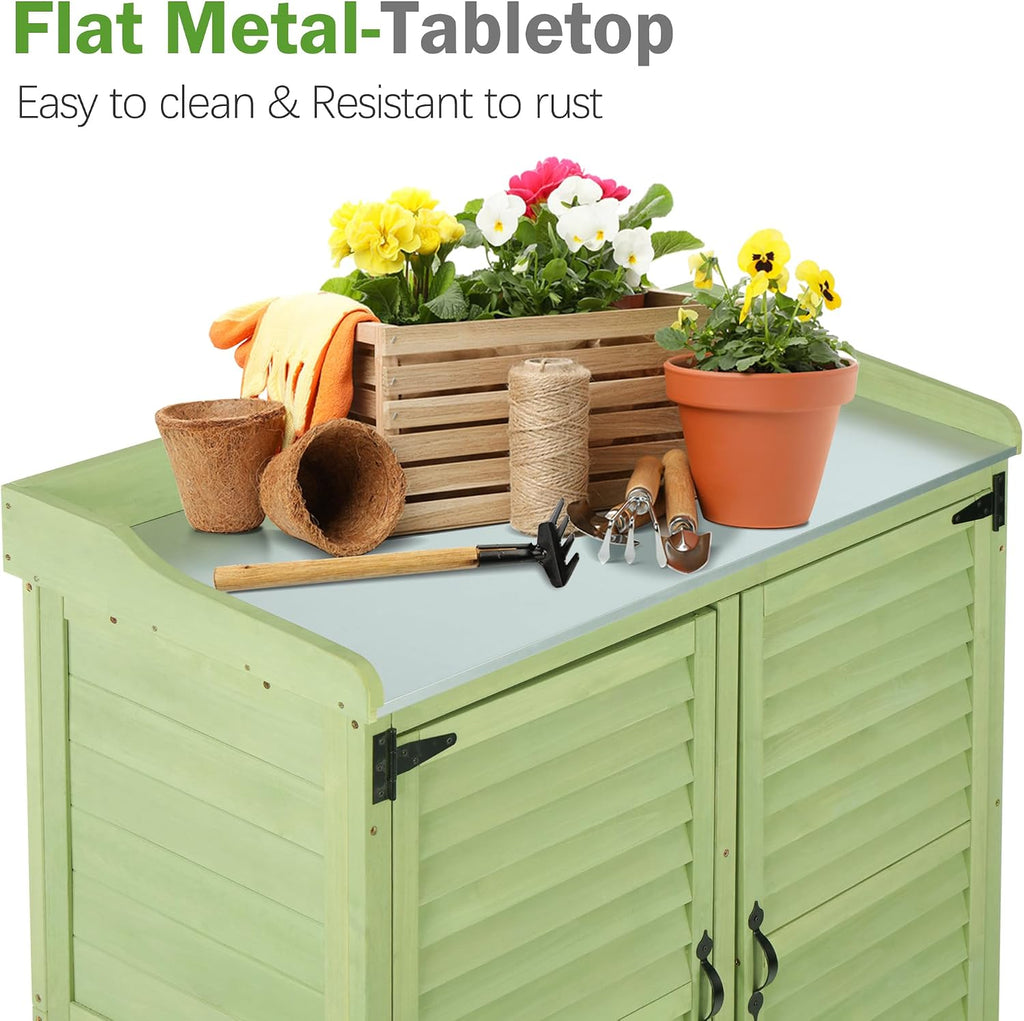 Outdoor Storage Cabinet & Potting Bench Table with Metal Work Top, Vented Louvered Doors, Wooden Patio Furniture, Garden Workstation, Green, 36x31x17in