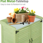 Outdoor Storage Cabinet & Potting Bench Table with Metal Work Top, Vented Louvered Doors, Wooden Patio Furniture, Garden Workstation, Green, 36x31x17in