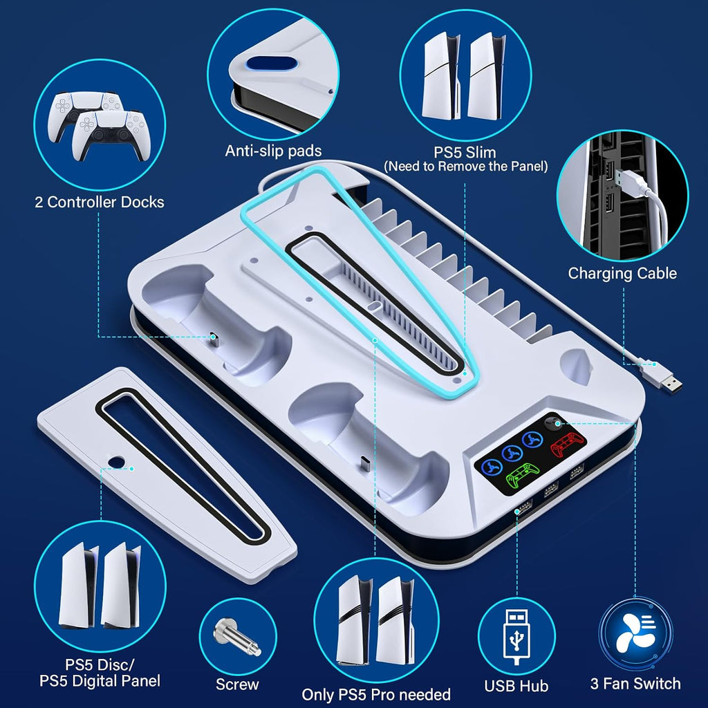 PS5/Slim/Pro Cooling Station with Controller Charging Station for Playstation Console Playstation 5 Slim&Standard Disc/Digital Console, PS5 Pro Stand Cooler Accessories Incl Cooling Fan/3 USB Hubs