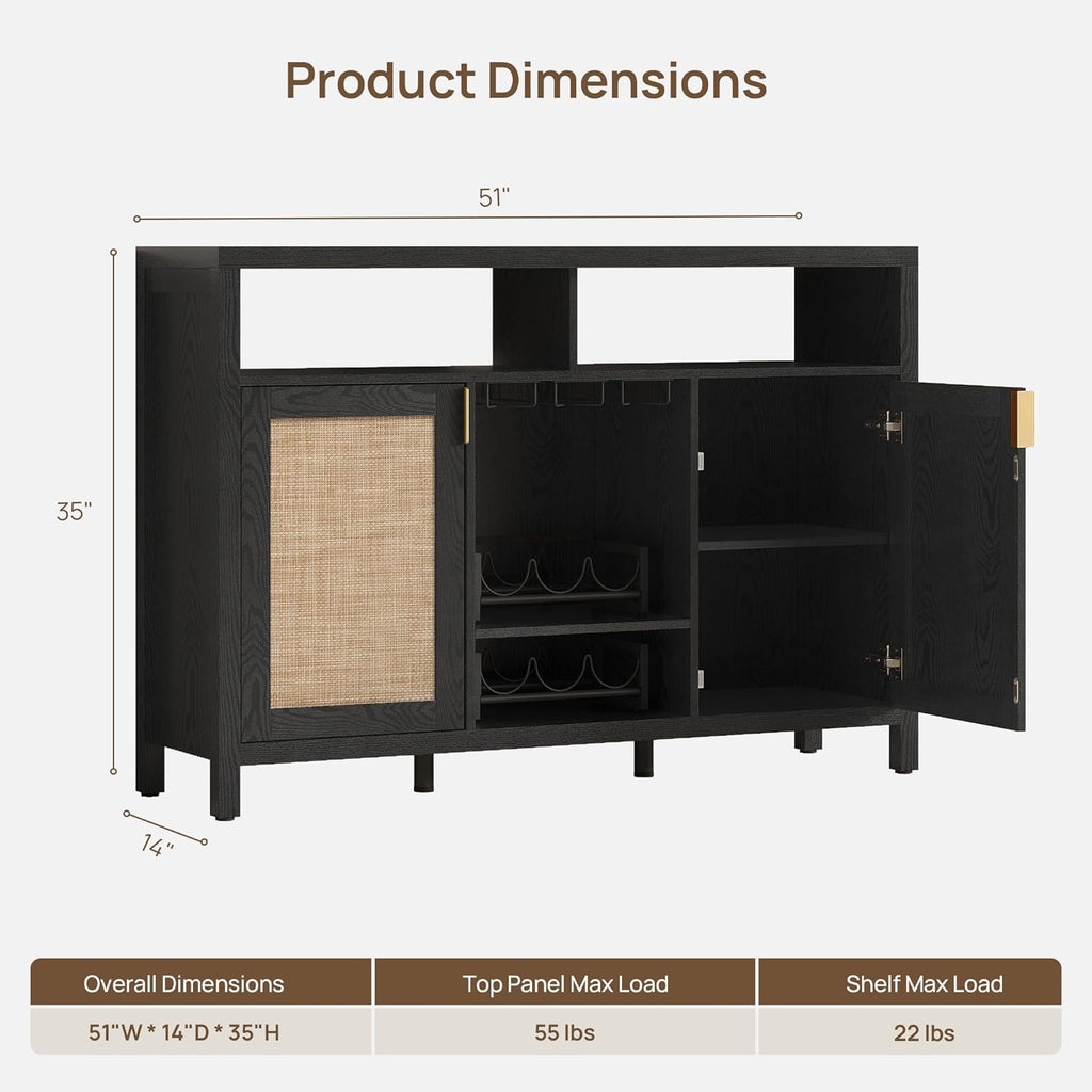 SICOTAS Rattan Coffee Bar Cabinet with Wine Racks & Metal Stemware Holders | 51" Sideboard Buffet Cabinet with Storage, Modern Liquor Cabinet Boho Credenza Buffet Table for Living Dining Room, Black Oak