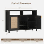 SICOTAS Rattan Coffee Bar Cabinet with Wine Racks & Metal Stemware Holders | 51" Sideboard Buffet Cabinet with Storage, Modern Liquor Cabinet Boho Credenza Buffet Table for Living Dining Room, Black Oak