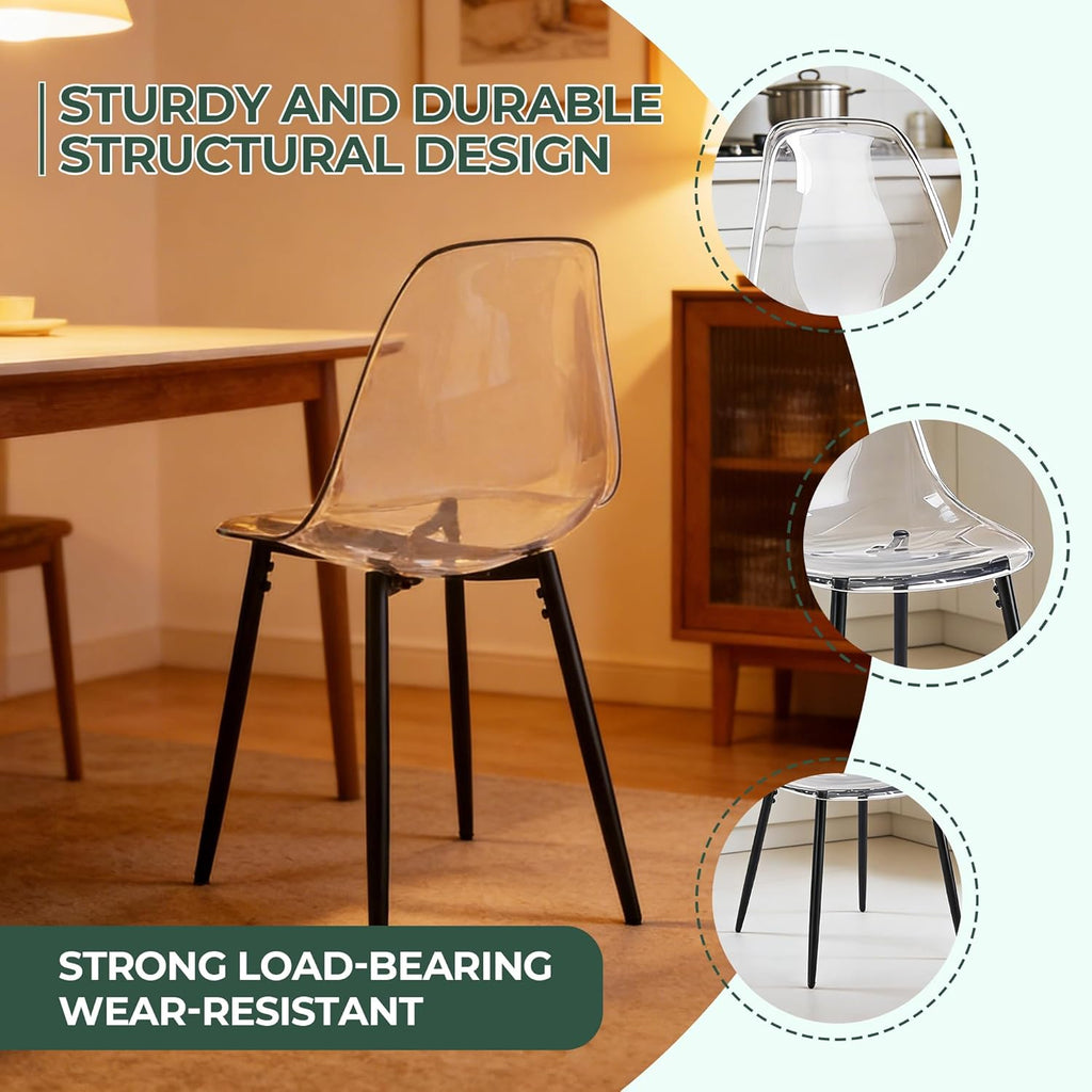 Dining Chairs Set of 4, Modern Acrylic Kitchen Chairs with Transparent Seat, Clear Kitchen Side Chairs with Metal Legs for Living Room, Counter, Dining Room, Kitchen, Reception