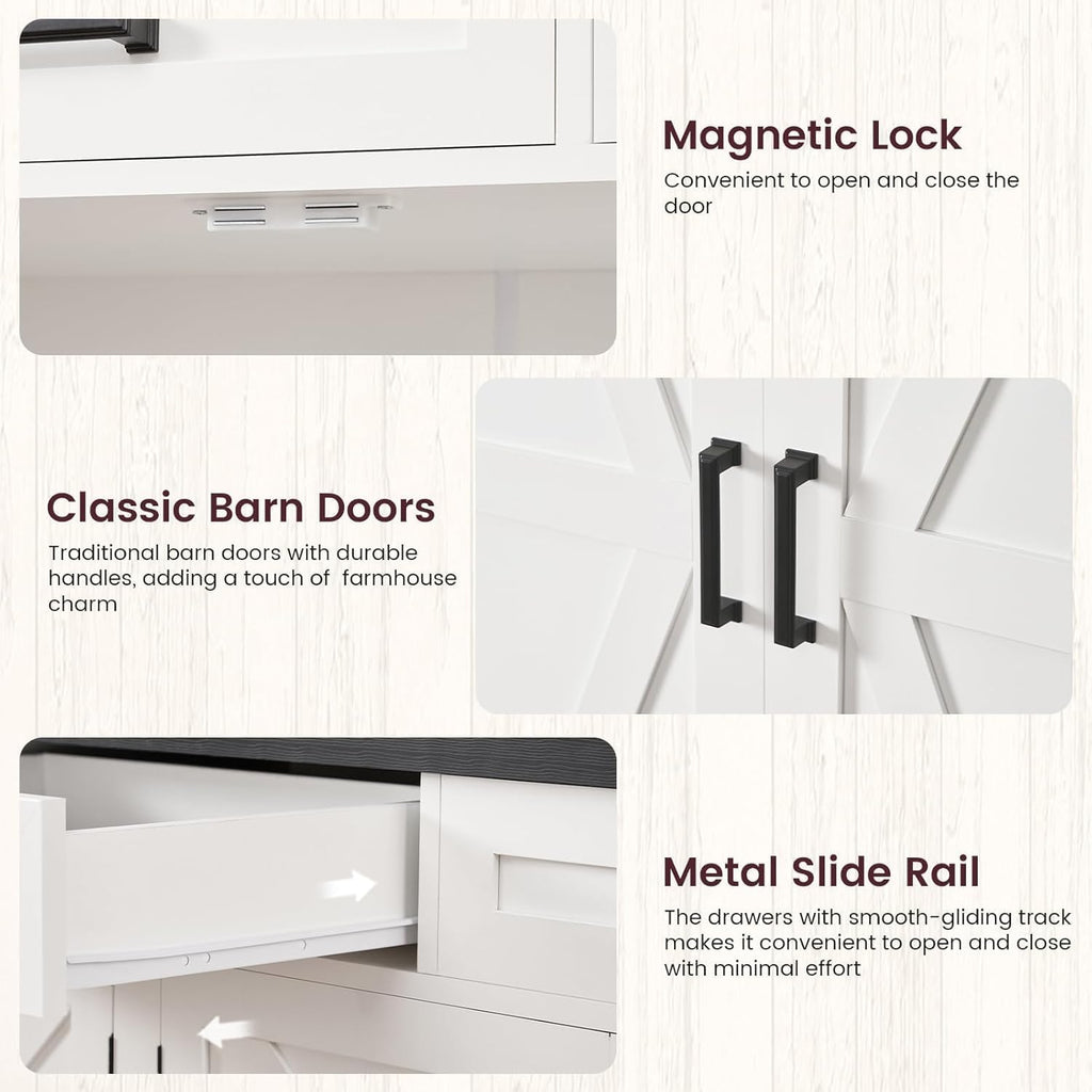 TEENFON 61" Farmhouse Buffet Cabinet with 2 Adjustable Shelves, Sideboard with 3 Drawers & 4 Doors, Rustic Storage Cabinet for Kitchen, Entryway, Coffee Bar, White