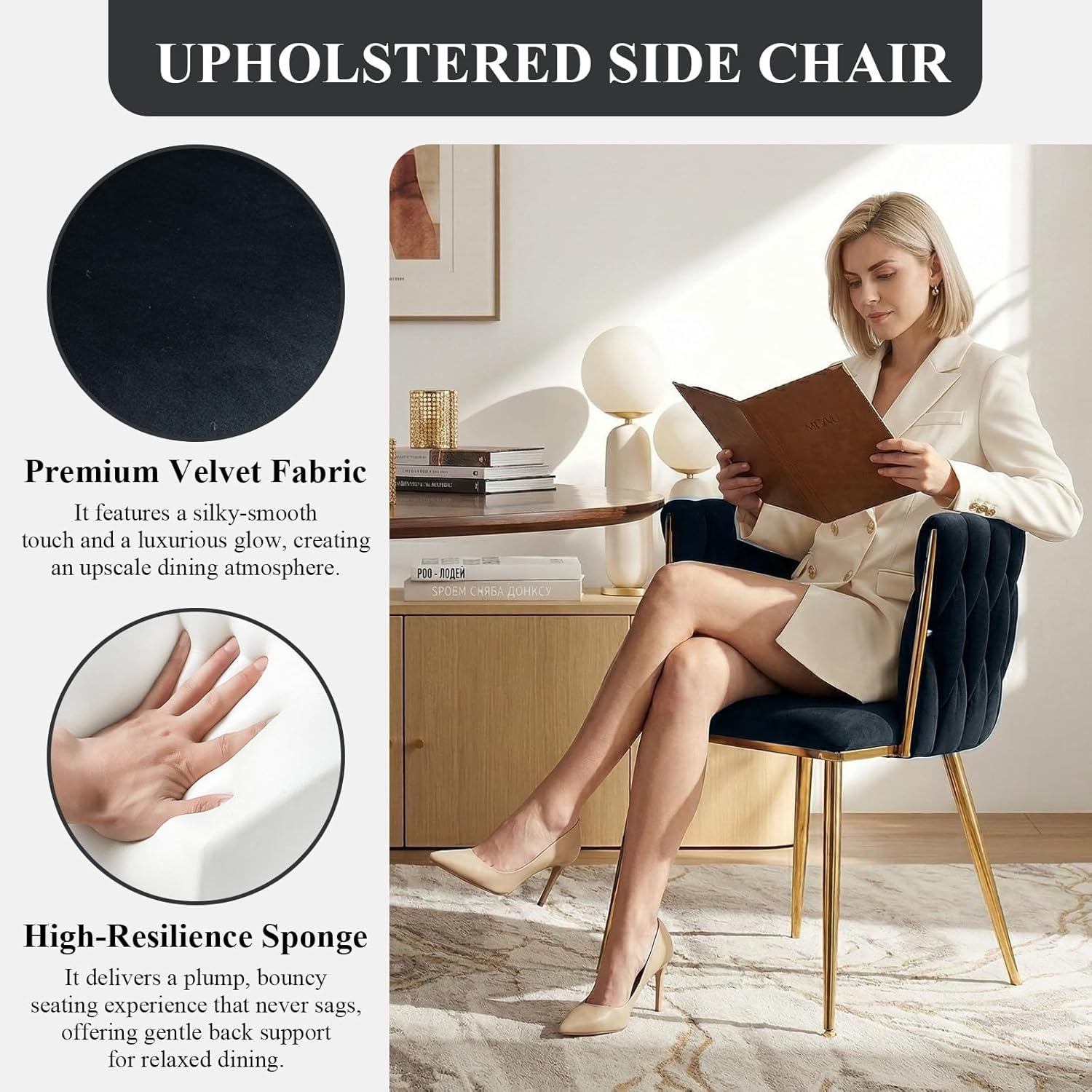 Modern Hand Weaving Dining Chairs Set of 2, Velvet Upholstered Dining Room Chairs with Gold Legs, Elegant Side Chair with Curved Backrest, Accent Chair for Dining Room, Kitchen (Black)