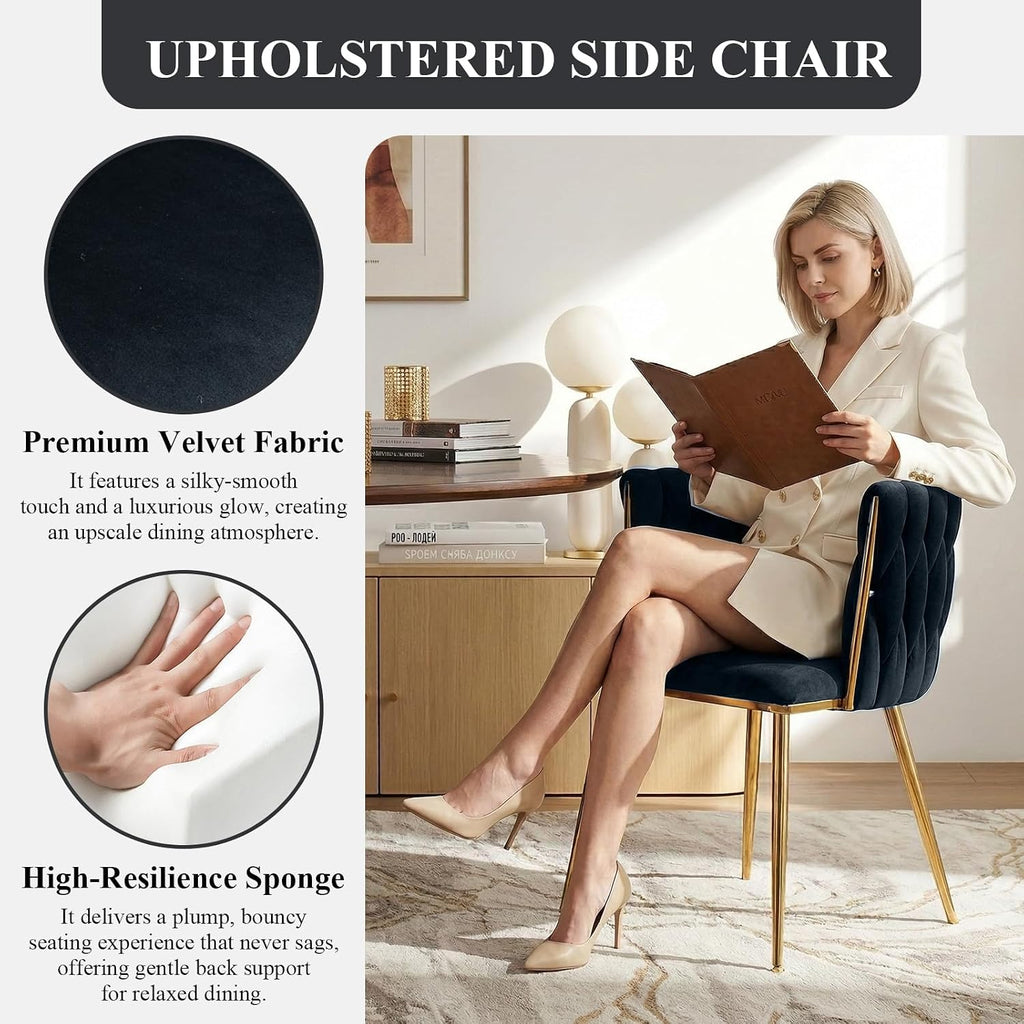 Modern Hand Weaving Dining Chairs Set of 2, Velvet Upholstered Dining Room Chairs with Gold Legs, Elegant Side Chair with Curved Backrest, Accent Chair for Dining Room, Kitchen (Black)