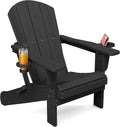 SERWALL Folding Adirondack Chair, Dual Cup Holders, Wood-Like Patio Chair for Backyard, Camping，Pool & Fire Pit- Black