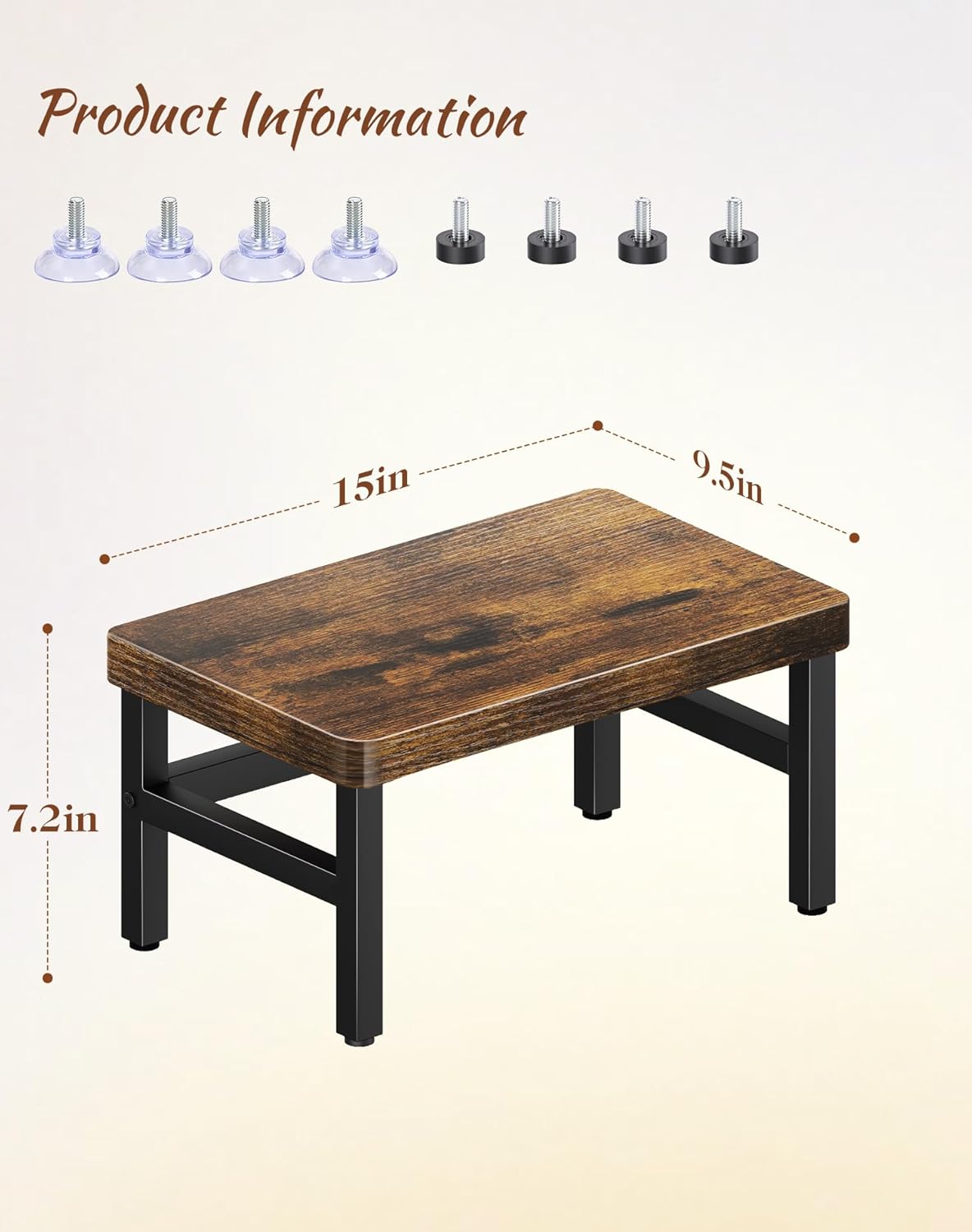 PARTPHONER Wooden Step Stool for Adults & Kids, 480-LBS Heavy Duty with Non-Slip Rubber Feet & Suction Cup Pads, Bed Stool for High Beds, Ideal for Bedroom, Living Room, Bathroom, Kitchen,Rustic Brown